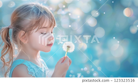Little girl with dandelion flower feel free nature meadow sunlight 123323516