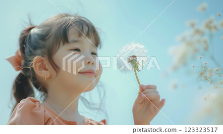 Little girl with dandelion flower feel free nature meadow sunlight 123323517