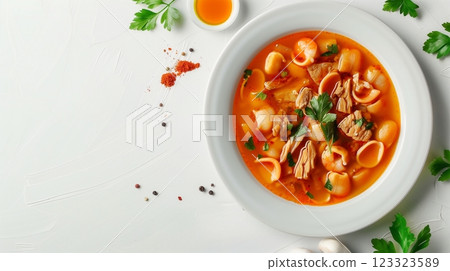 Menudo Mexican food with cow intestines and corn traditional soup Menudo Mexican food with cow intestines and corn traditional soup 123323589