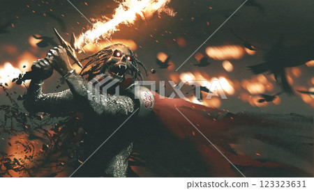 Undead Knight Wielding Flaming Sword in Battle Undead Knight Wielding Flaming Sword in Battle 123323631