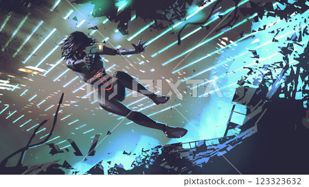 Futuristic Cyborg Woman Firing a Gun in Battle Futuristic Cyborg Woman Firing a Gun in Battle 123323632