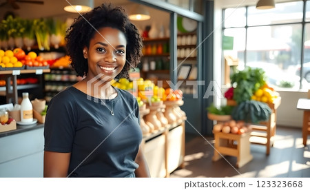 Smiling Woman in a Produce Store 123323668