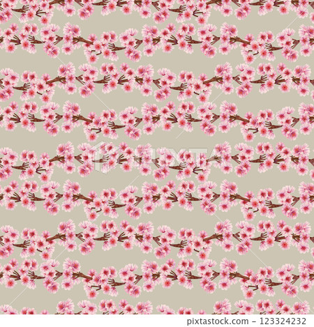 Pink blossoming branches of a spring tree blooming with flowers. Seamless pattern of cherry, apple, almond flowers on a gray background. Watercolor template for Hanami, textile, wallpaper 123324232