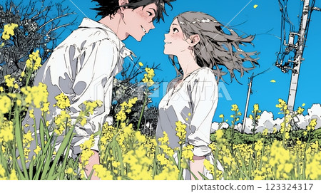 一對年輕情侶在油菜花田約會 123324317