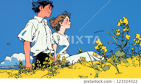 一對年輕情侶在油菜花田約會 123324322