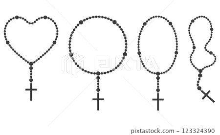 Rosary beads silhouettes set. Prayer heart shaped jewelry for meditation. Catholic chaplet with cross. Religion symbol. Vector illustration. 123324390