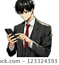 A man in a suit looking at a black smartphone 123324393