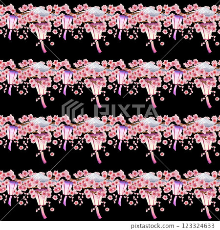 Pink blossoming branches of a spring tree with Japanese lantern, folding paper fans, Mount Fuji. Seamless pattern of cherry, apple, almond flowers on a back background. Watercolor template for Hanami 123324633