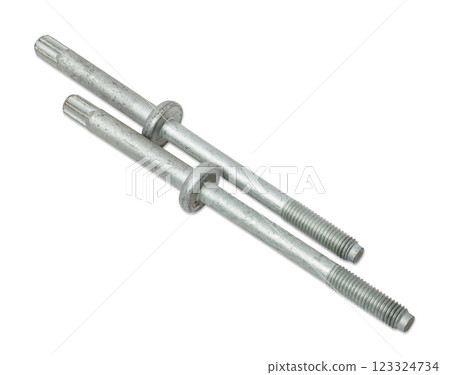 Two Metal bolts isolated on white background Used spare parts from junkyard catalog. 123324734