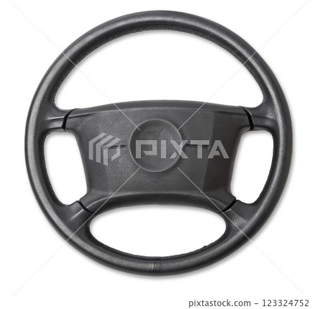 Spare part and interior element of a car steering wheel with leather trim and buttons with airbag on a white isolated background. Auto service industry. Catalog of junkyard. Spare part and interior element of a car steering wheel with leather trim and buttons with airbag on a white isolated background. Auto service industry. Catalog of junkyard. 123324752