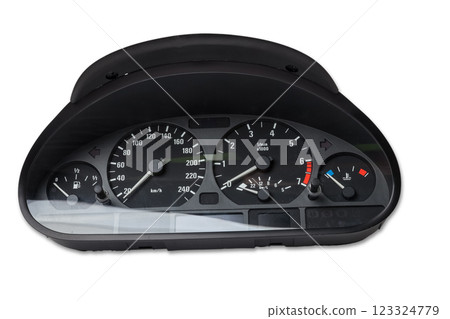 The dashboard of the car with white arrows with a speedometer, tachometer and other tools to monitor the condition of the vehicle in modern style on white isolated background The dashboard of the car with white arrows with a speedometer, tachometer and other tools to monitor the condition of the vehicle in modern style on white isolated background 123324779