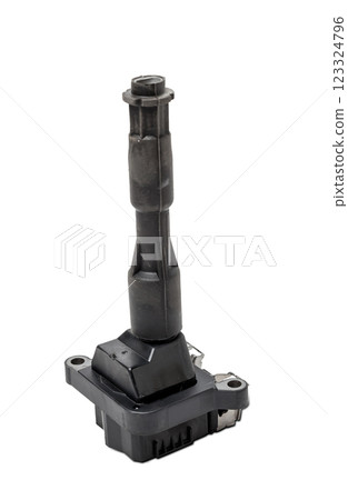 Black ignition coil for engine, isolated on white background. Spare parts for vehicle repair in garage 123324796