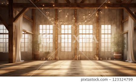rustic barn wedding venue sunlight wooden floor candles plants rustic barn wedding venue sunlight wooden floor candles plants 123324799