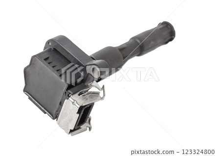 Black ignition coil for engine, isolated on white background. Spare parts for vehicle repair in garage Black ignition coil for engine, isolated on white background. Spare parts for vehicle repair in garage 123324800
