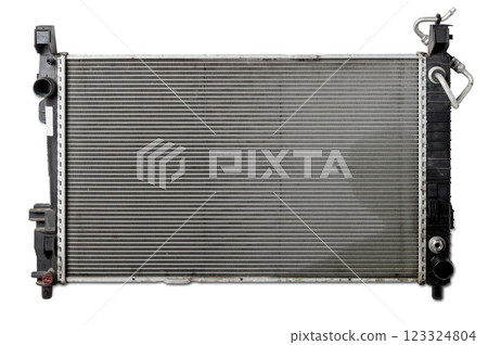The cooling radiator is a metal heat exchanger inside filled with antifreeze. Repair in the workshop. Parts Catalog 123324804