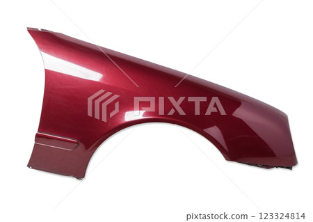 Red metallic fender on a white isolated background in a photo studio for sale or replacement in a car service. Mudguard on auto-parsing for repair or a device to protect the body from dirt Red metallic fender on a white isolated background in a photo studio for sale or replacement in a car service. Mudguard on auto-parsing for repair or a device to protect the body from dirt 123324814