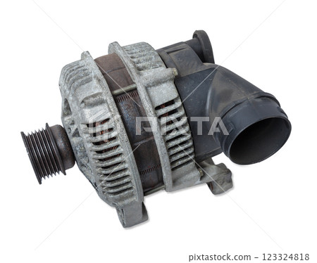 Car generator, car electrical network element on white background, generator details close-up. Spare auto parts for repair Car generator, car electrical network element on white background, generator details close-up. Spare auto parts for repair 123324818