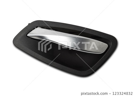 Inside Handle door opening in the vehicle with metal element on white isolated background. Spare parts auto catalog 123324832