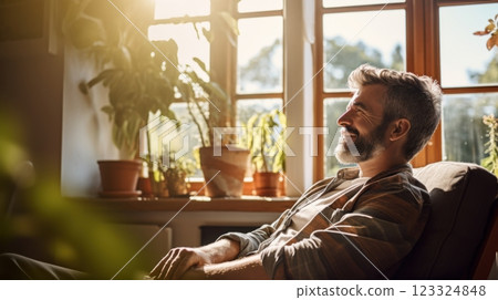 man relaxing in sunlit room 123324848