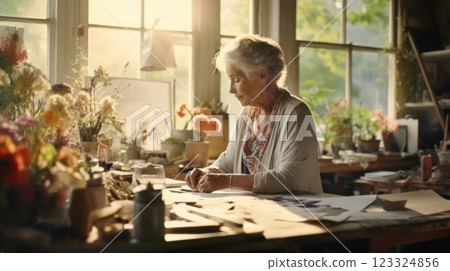 senior woman artist working in sunlit studio 123324856