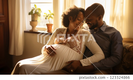 expectant couple embracing by window 123324866