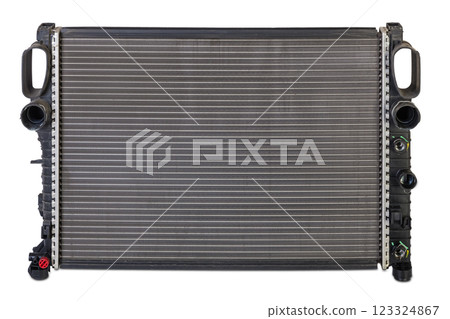 The aluminium radiator of engine on white, isolated background. Spare parts catalog 123324867