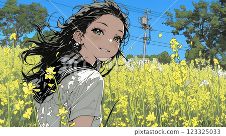油菜花田裡的年輕女子 123325033
