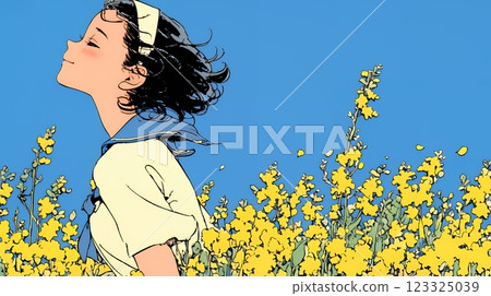 油菜花田裡的年輕女子 123325039