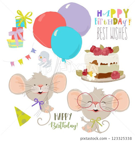 Cartoon Set with Cute Little Mouse, Birthday Cake, Balloons 123325338