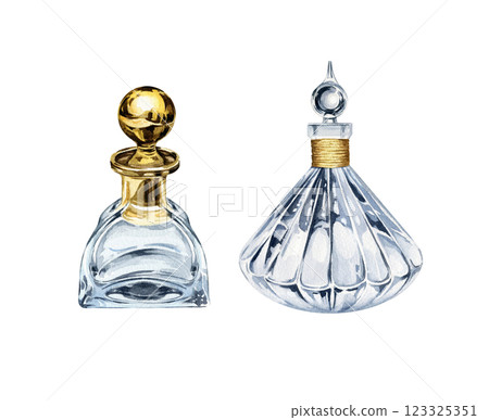 set of watercolor two different vintage perfume glass bottles, hand drawn illustration of transparent gray flacon, golden details, accessories for women, beauty theme, for blogs, shops decoration 123325351