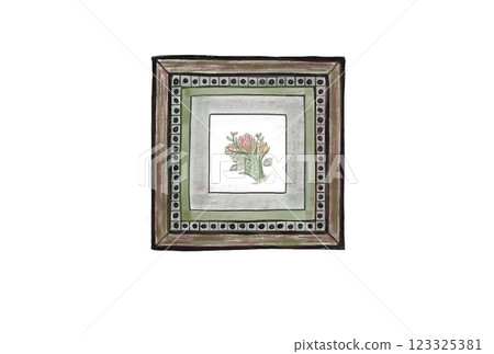 Hand-drawn digital illustration of a square picture frame and a bouquet of spring flowers Hand-drawn digital illustration of a square picture frame and a bouquet of spring flowers 123325381