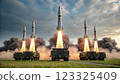 Launching many missiles from missile launchers in the fields. 123325409