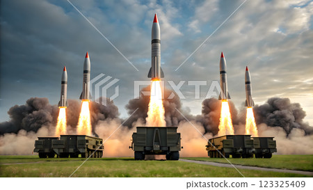Launching many missiles from missile launchers in the fields. Launching many missiles from missile launchers in the fields. 123325409