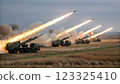 Launching many missiles from missile launchers in the fields. 123325410