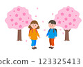 一排櫻花樹和背著書包的小學男孩和女孩的插圖 123325413