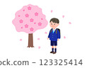 男孩與櫻花共舞的插圖以及櫻花入學儀式 123325414