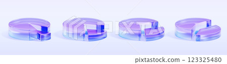 3d set of glass holographic transparent pie chart icon. Circle diagram with different market share percent, infographic render element for budget analysis. Business presentation data. 3D illustration 123325480