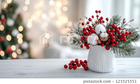 festive christmas decoration with red berries and cotton flowers 123325551