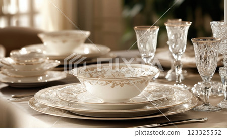 elegant table setting with fine china and crystal glassware 123325552