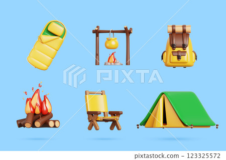 3d camp equipment set with tent, sleeping bag, chair for summer adventure render. Outdoor hike gear for picnic travel with backpack icon. Isolated trip campfire and bowler on fire. 3D illustration 3d camp equipment set with tent, sleeping bag, chair for summer adventure render. Outdoor hike gear for picnic travel with backpack icon. Isolated trip campfire and bowler on fire. 3D illustration 123325572