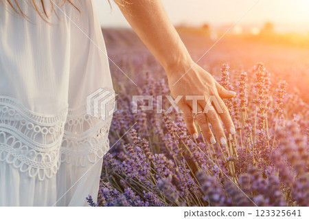 Lavender Field Woman Touching Sunset: Idyllic summer evening, gentle touch, peaceful scene. Lavender Field Woman Touching Sunset: Idyllic summer evening, gentle touch, peaceful scene. 123325641
