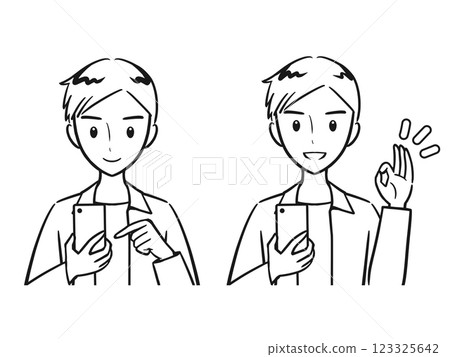Operate a smartphone Holding a smartphone and making an OK sign Young men set (line drawing Operate a smartphone Holding a smartphone and making an OK sign Young men set (line drawing 123325642