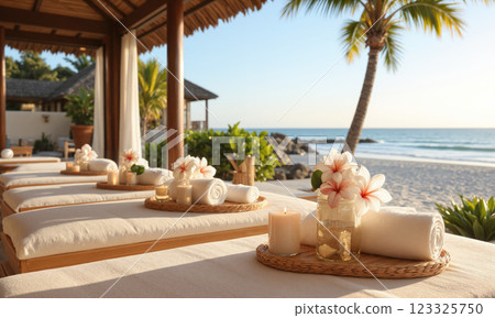 Seaside Spa Escape A peaceful spa setting by the beach, with bamboo massage tables, scented candles, and fresh tropical flowers arranged around, while 123325750