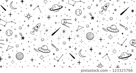 Space star galaxy vector seamless pattern. Hand drawn doodle sketch line style galaxy planet star, rocket, moon cute sky background. Space planet kid doodle universe pattern. Vector illustration 123325766