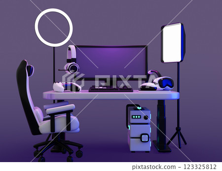 3d room interior with setup to play video game and stream at night. Neon dark background with gamer computer on desk, chair, headphones, joystick, vr glasses, led ring lamp, softbox. 3D illustration 123325812