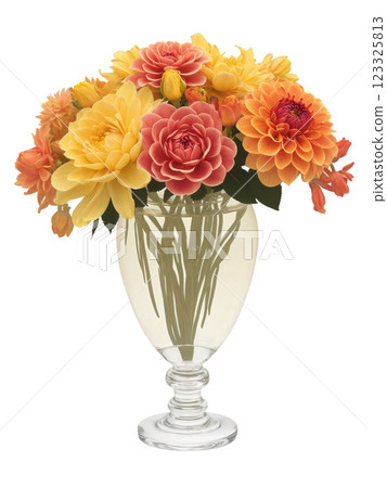 Radiant Dawn (Roses Freesias Dahlias) sculpted vase with soft coral water, holding a bold mix of red roses, 123325813