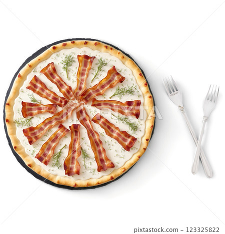 Tartes Flambees - A dish popular in the French-speaking regions of Switzerland, similar to a thin-crust pizza, but topped Tartes Flambees - A dish popular in the French-speaking regions of Switzerland, similar to a thin-crust pizza, but topped 123325822