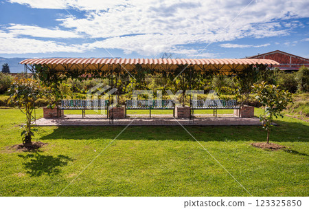 Unique eco-friendly bench made from repurposed plastic bottles. Ecoparque Sabana Tocancipa, Cundinamarca Department, Colombia 123325850