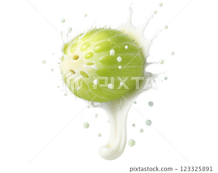 Gooseberry Green gooseberry with juicy pulp and seeds splashing around as it falls into milk, tart and fresh against white. 123325891