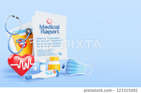 Medical report 3d render banner. Paper health record with patient history, cardiogram examination test results, stethoscope, thermometer, face mask, heart, pill bottles for cardiology. 3D illustration 123325892